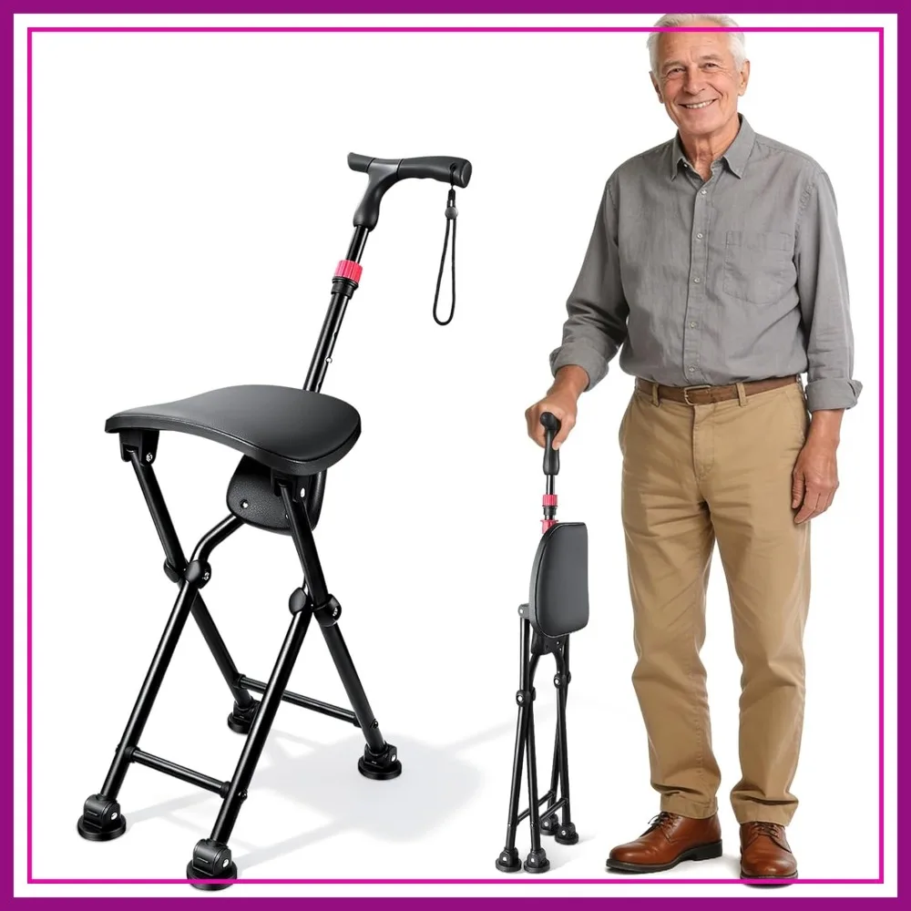 

Four-Legged Cane with Seat Folding Lightweight, Adjustable Anti-Slip Cane Chair, Walking Cane with Seat for Adults