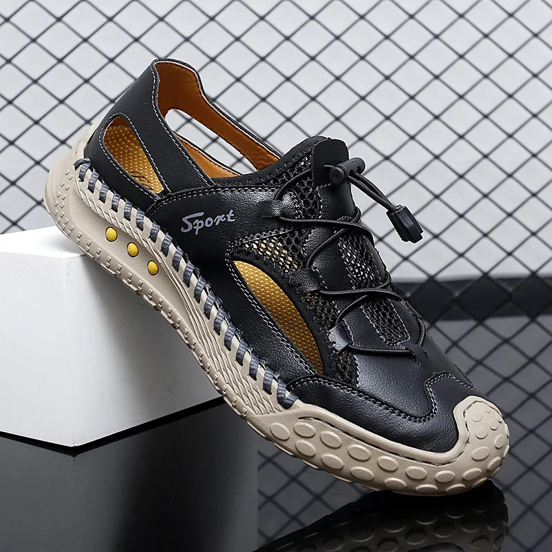 Mens HAND-Sewn Breathable Air Mesh รองเท้า Anti-SLIP Lovers 'รองเท้าหนังแท้รองเท้าแตะผู้หญิงขนาด 38-46