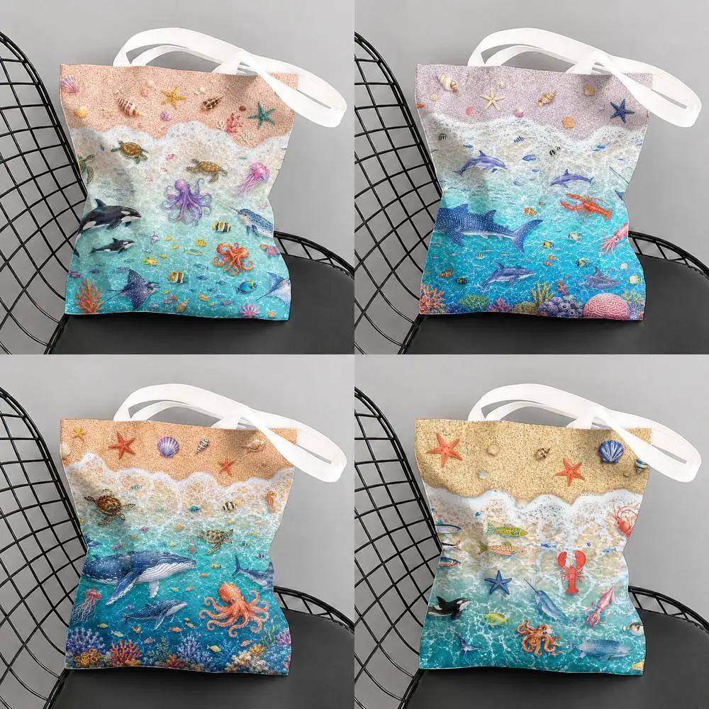 Ocean Life Watercolor Set Storage Bags Large Capacity Canvas Tote Bag Double-Sided Print Shoulder Handbag for Daily Shopping