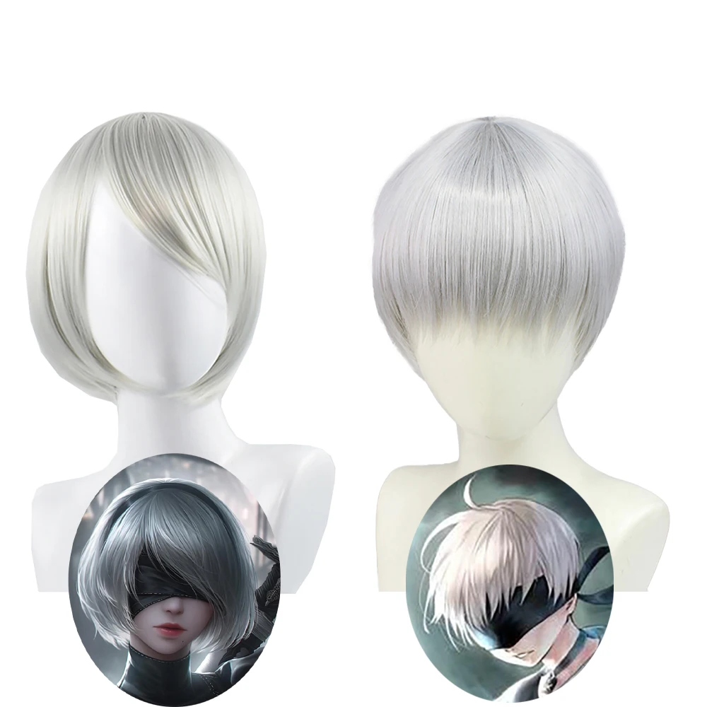 Nier: Automata 2b/9s شعر أنيمي كوسبلاي مركب فضي-رمادي، فضي-أبيض شعر قصير مستقيم، شعر مستعار لحفلات الهالوين