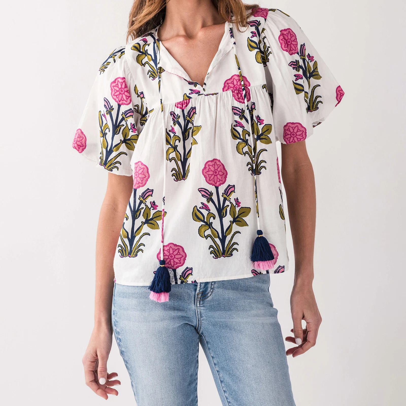 

Summer Women's Floral Print Blouse Tops Fashion Elegant Loose Round Neck Bubble Short Sleeve T-Shirt