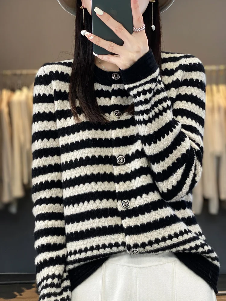 Cardigan for Women,100% Merino Wool,O-Neck Sweater,Long Sleeve Knitted Top,Thick Warm Outerwear,Striped Casual Top Fashion Trend