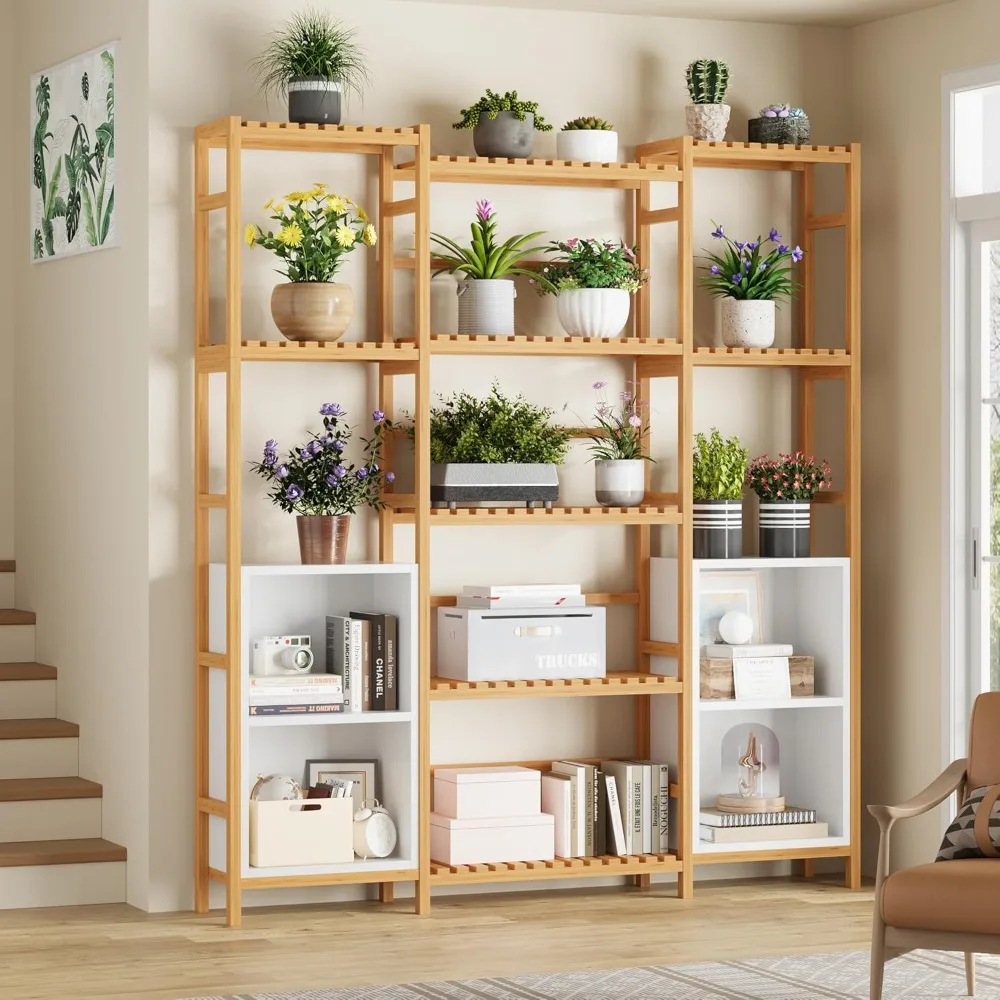 

Bamboo Shelf Bookcase, Triple Wide Bookshelf with 4 Cubes & 9 Shelves, Large Bookshelf with Storage