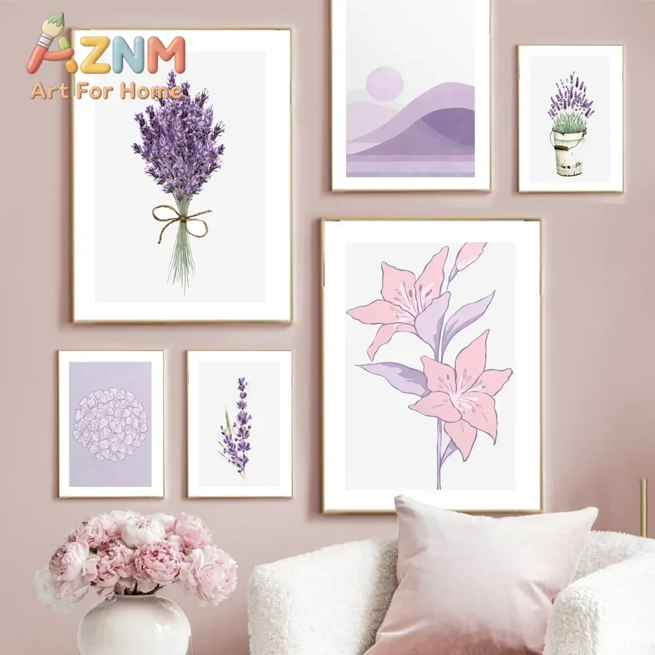 AZNM Lavender Purple Floral Canvas Poster Watercolor Flower Positive Quote Abstract Line Art Print Bedroom Home Wall Decor Unfra