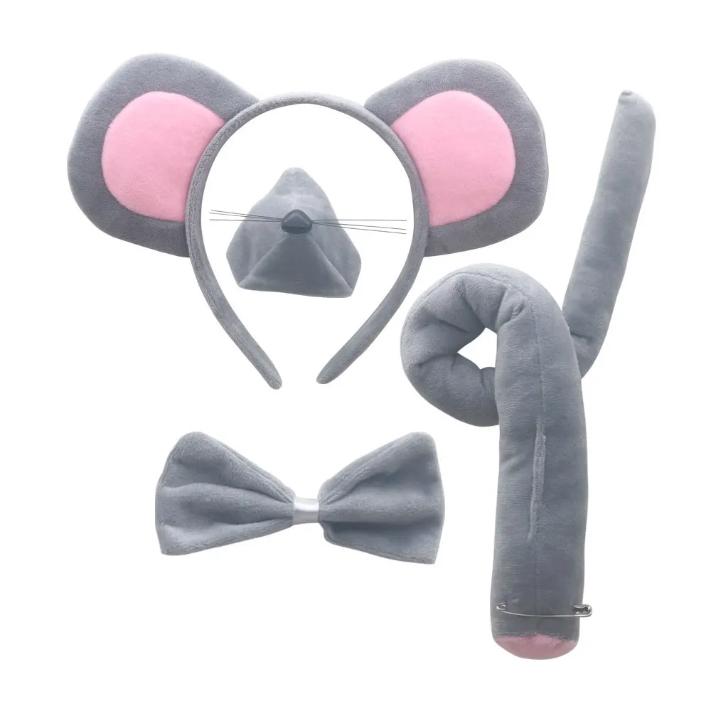 Kids Pig Headband Kawaii Gray Mouse Ears Headpiece Halloween Party Pink Tie Tail Bow Neck Tie 3D Cartoon Animal Short Plush Set
