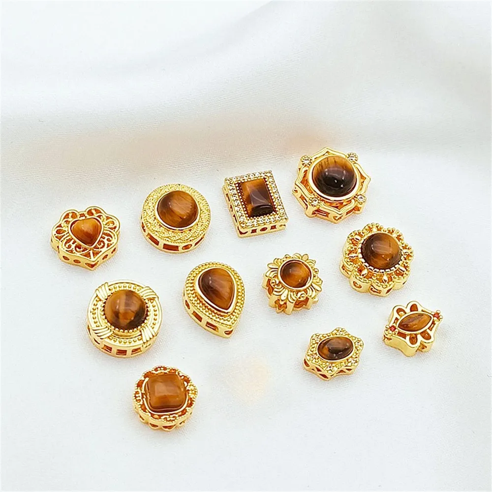 

18K Gold-plated Zirconium-inlaid Tiger's Eye Stone Hollowed-out Spacer Beads Handmade Diy Bracelet Necklace Accessory Loose Bead