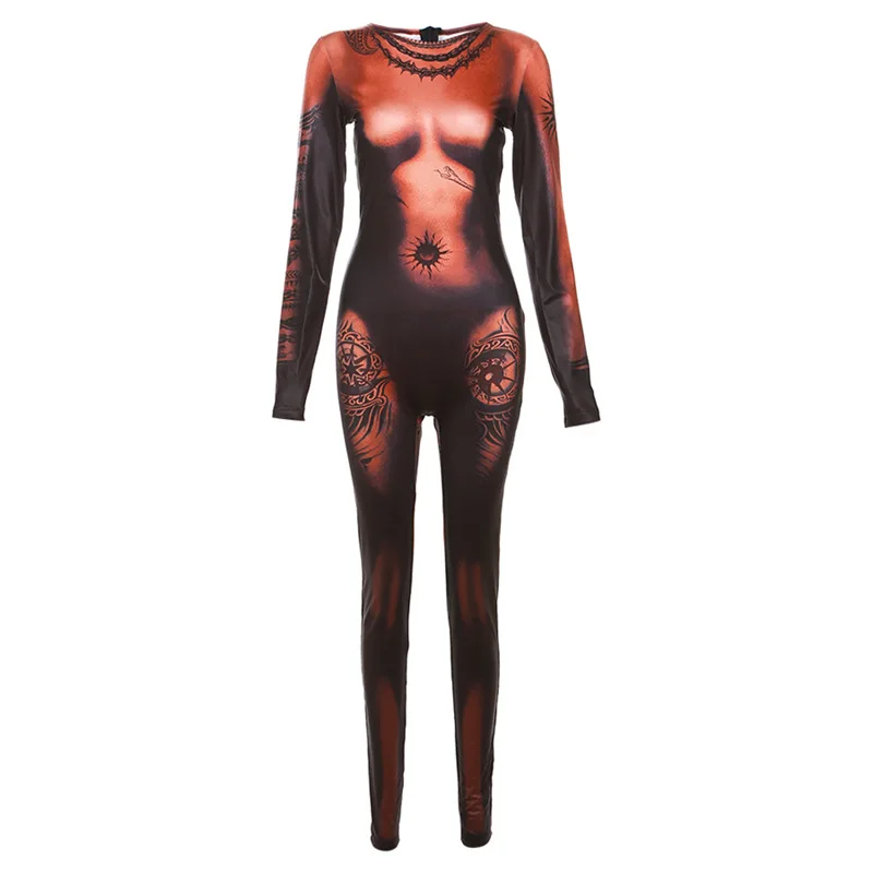 Sexy Tight Jumpsuit Women Streetwear Cyber Punk Retro 3D Printed Bodysuit Cosplay Party Performance Costumes