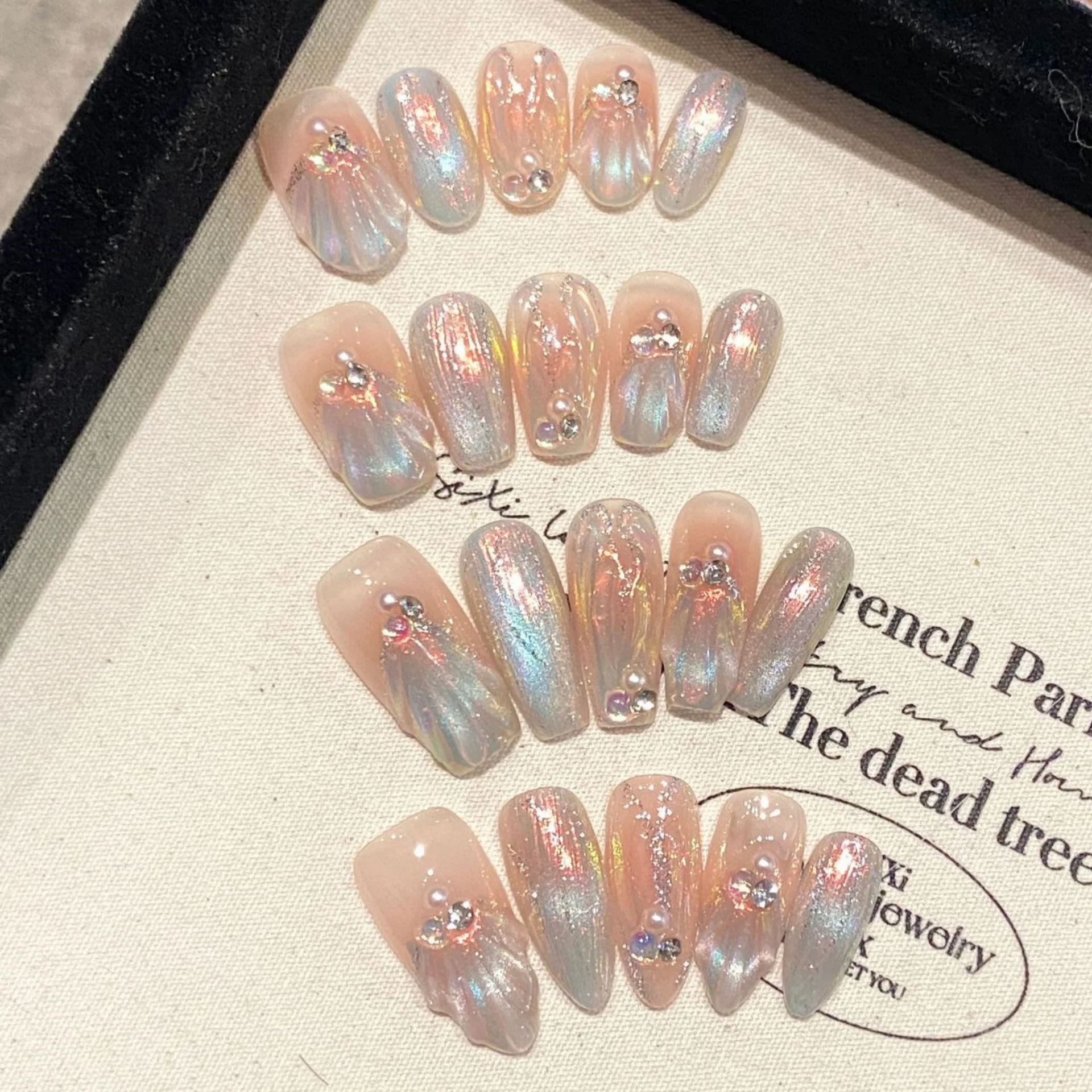 

10pcs Handmade Mermaid Press On Nails Glitter Gradient Blue False Nail With Pearl Glossy Rhinestone Decor Sweet Wearble Nail Tip
