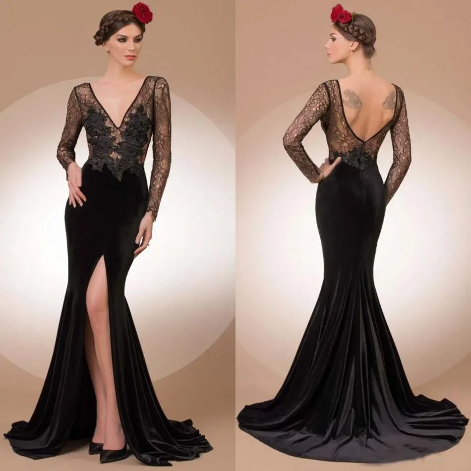 

Mermaid sexy black lace bodice deep V-neck long sleeve ball dress with applique side slit custom formal custom evening dress