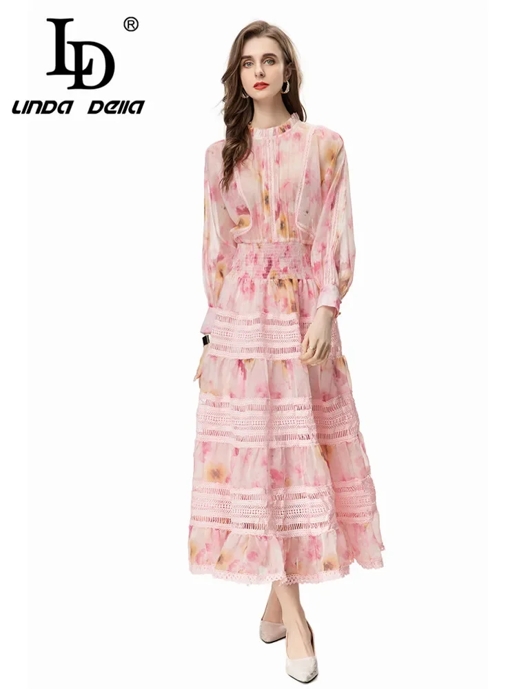 LD LINDA DELLA Fashion Designer Summer Dress Women\'s Bohemian Floral Print Chiffon Hollow Out Embroidery Elastic Waist Dresses