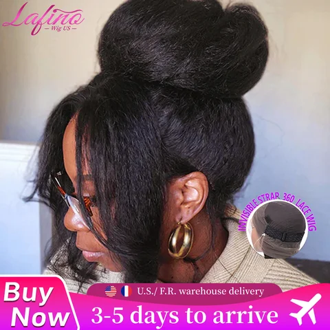 Lafino Wig 250 Density Kinky Straight 360 Lace Front Wig Human Hair invisi strap Yaki Straight V Part Wig  Human Hair Brazilian