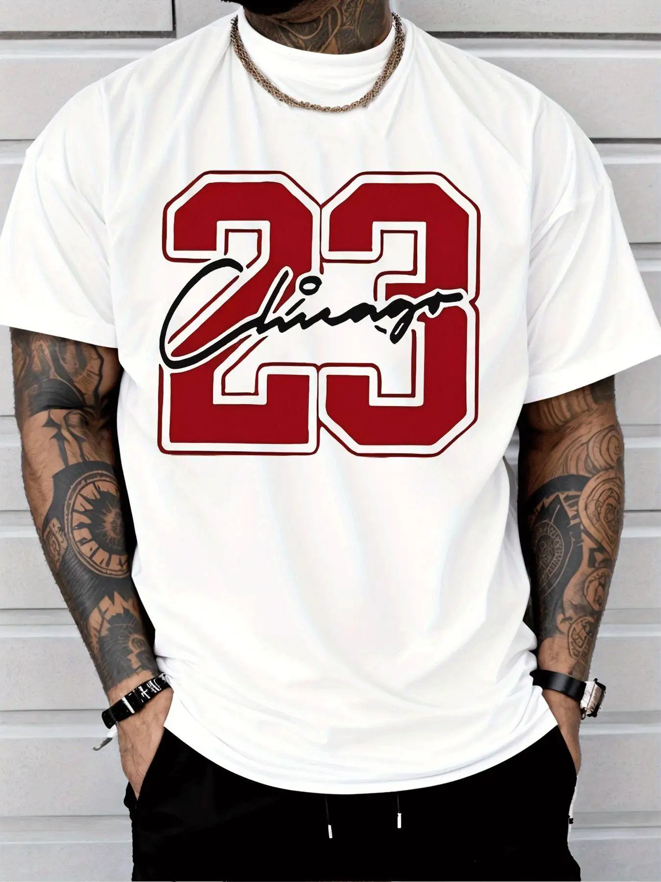 Men's Casual Graphic T-Shirt, with Red Number 23 and Signature Print, Breathable and Sweat-Wicking, Regular Fit Short Sleeves, Perfect for Sports, Casual Wear, and Holiday Gifts, Fashionable Casual Style, Round Neck, Slightly Stretchy Fabric