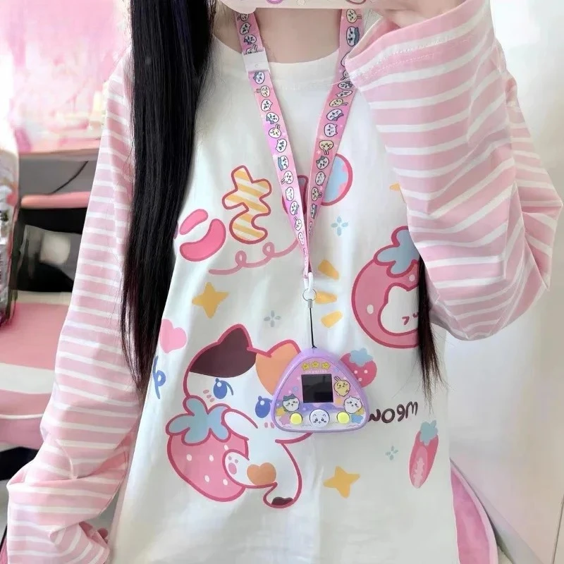 

2025 Comfort Patchwork Pink Stripe Casual T-shirt Autumn Cartoon Printing Harajuku Tops Grunge Kawaii Cute Y2k Aesthetic Tshirts