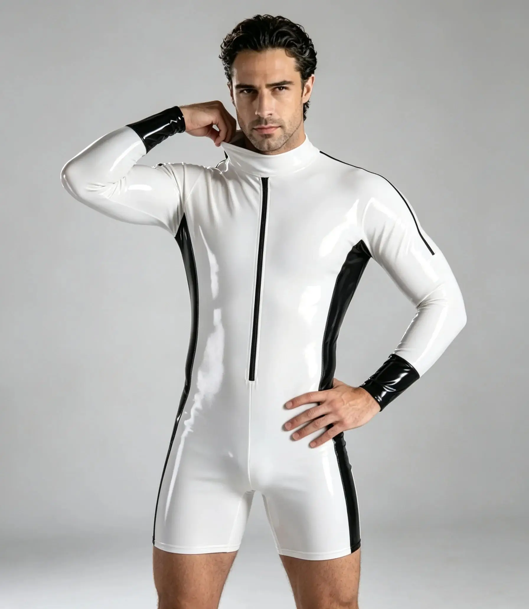 Latex Catsuit Gummi fitness clothing Party White&Black Jumpsuit Christmas