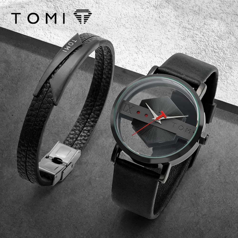 TOMI New 2PCS Men\'s Gift Box Watch Bracelet Simple and Fashionable Hollow out Versatile Black Strap Men\'s Quartz Watch Reloj