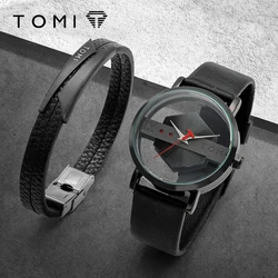 TOMI New 2PCS Men's Gift Box Watch Bracelet Simple and Fashionable Hollow out Versatile Black Strap Men's Quartz Watch Reloj