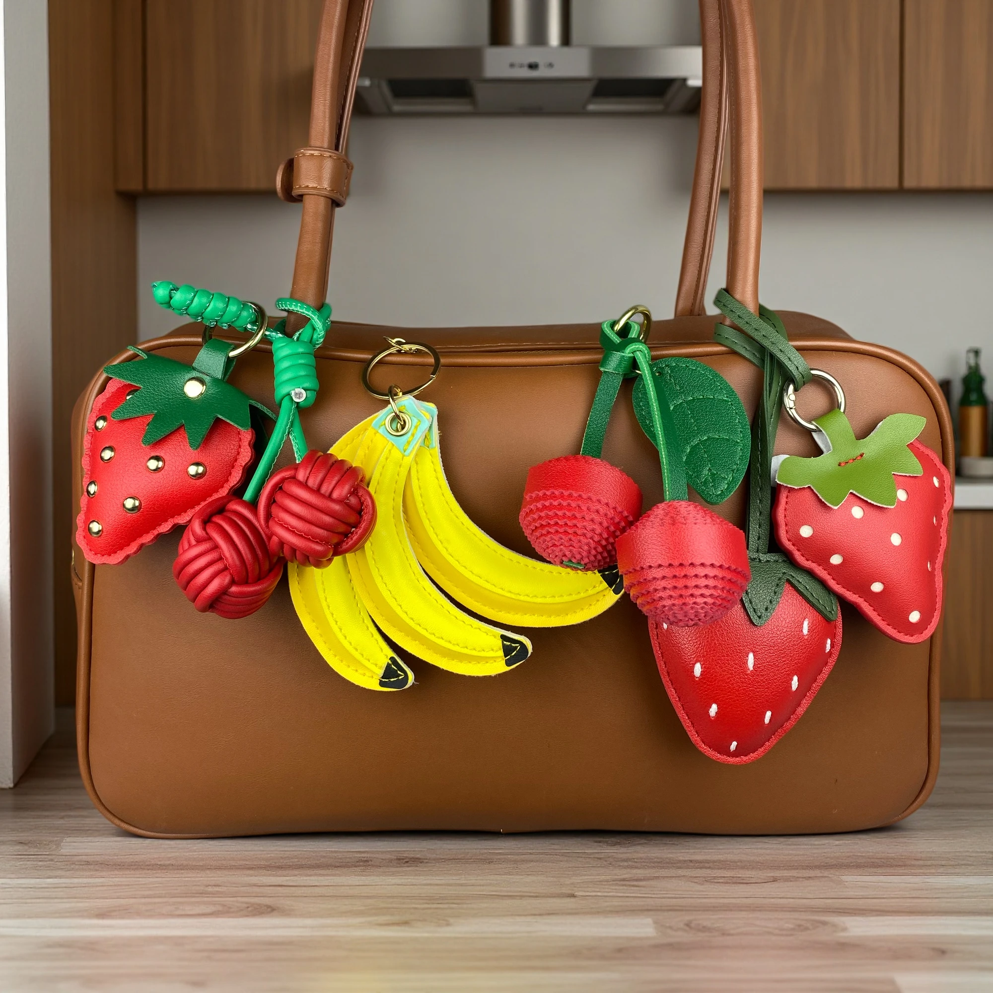 Deliciously Plump PU Leather Fruit Bag Charm Set, Lifelike Food-Style Pendant for Bags, Keys & Handbags, Perfect for Fruit Lover