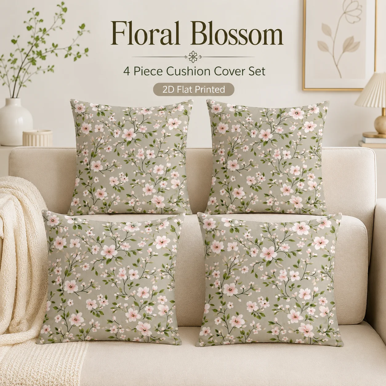 

2D Flat Printed Peach Skin Cushion Covers Set Of 4 Elegant Floral Blossom Coussin Pillow Case For Home Room Decor Summer