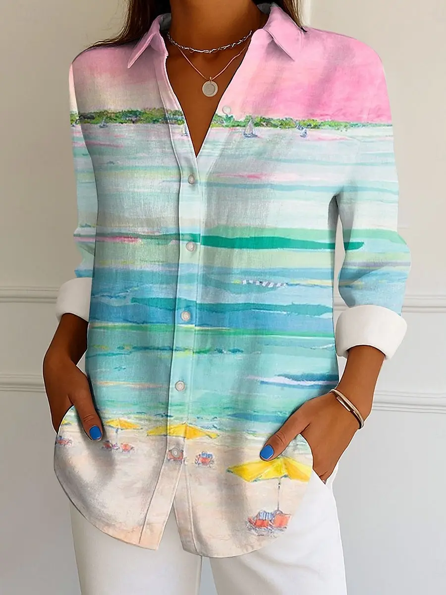 

Женская рубашка с рисунком омбре, элегантная винтажная тропическая рубашка с длинным рукавом и воротником, обычные топы, рабочие пуговицы с принтом, лето-весна