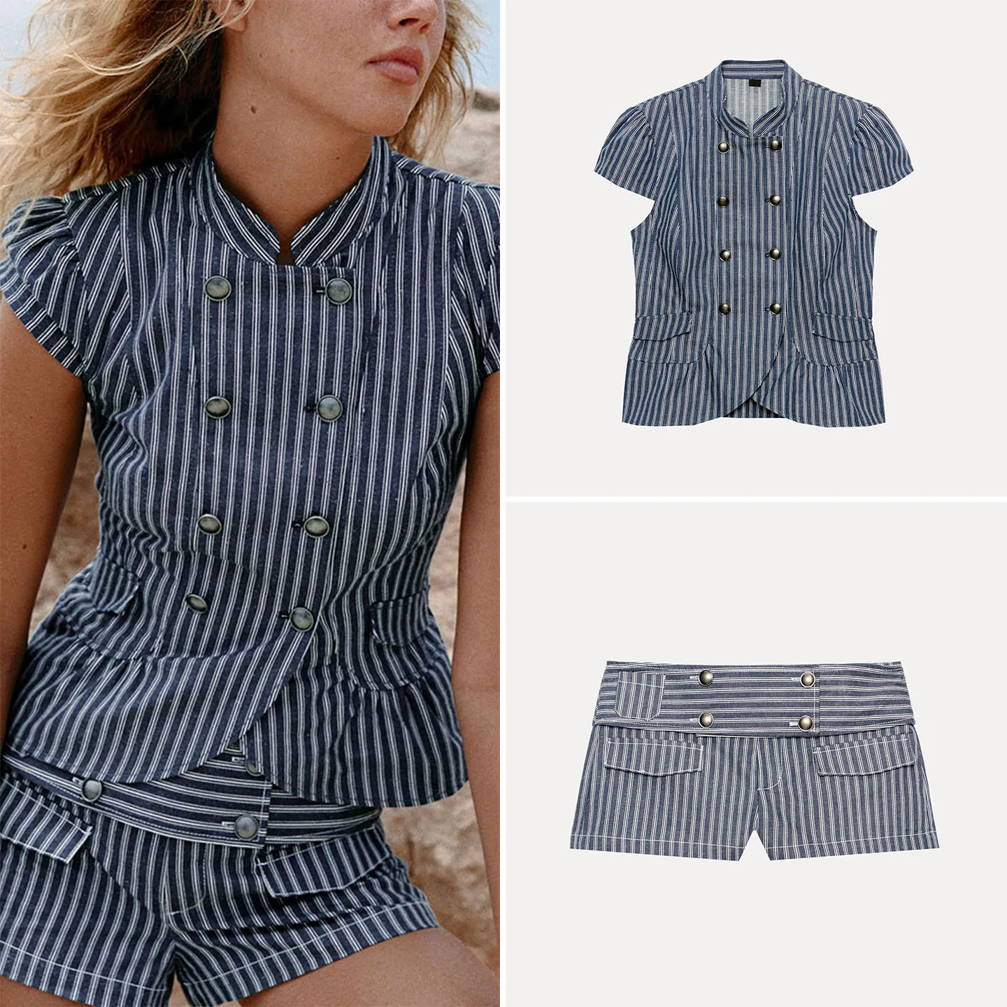 Women's Fashion Summer Outfit Low Waist Buttoned Shorts Set High Collar Striped Shirt Short Sleeve Regular Length