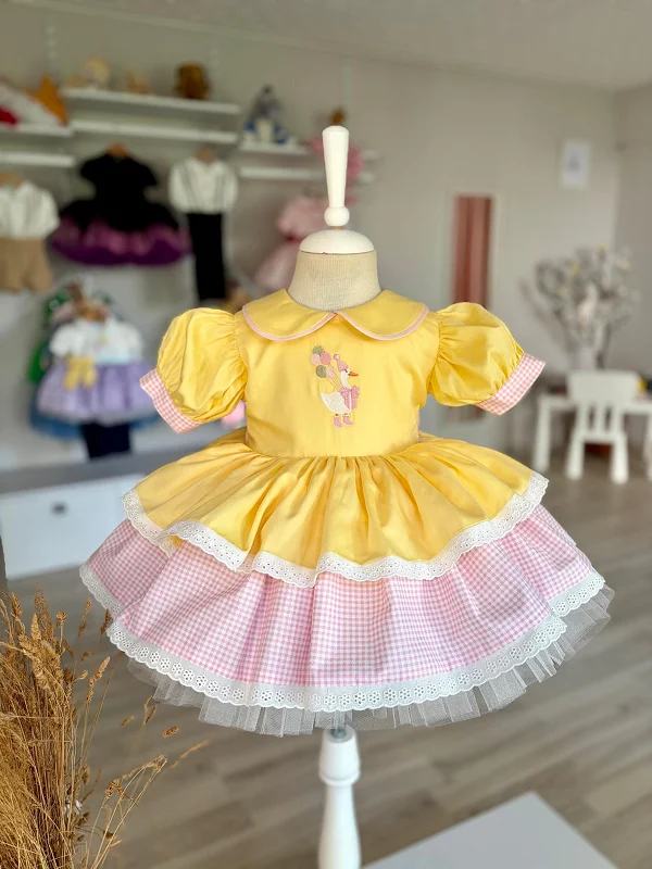 Summer Girl Sweet Duck Balloon Embroidered Pink Checkered Yellow Dress For Casual Party Birthday Wedding Photography