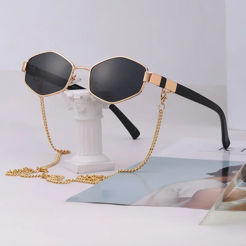 

Sunglasses Woman Hexagon Frame with Chain 2025 Luxury Brand Designer Punk Sun Glasses for Ladies Shades Lentes De Sol Mujer