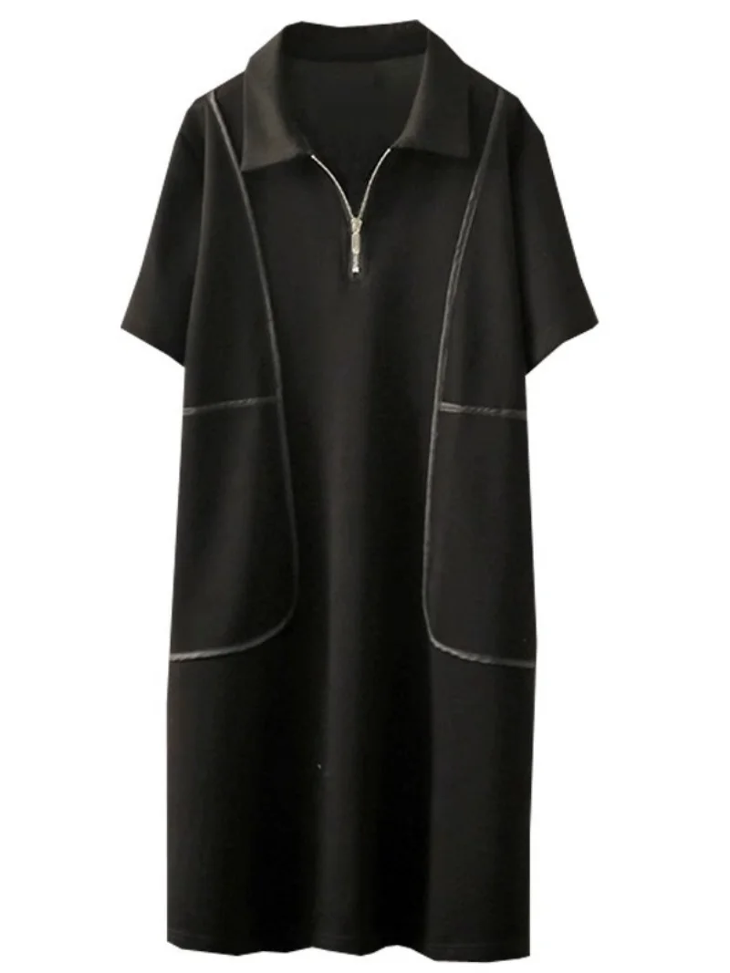 2025 été tempérament revers col Hepburn Style petite robe noire à la mode décontracté ample t-shirt robe W053
