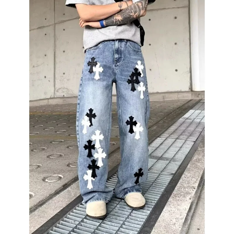 

GIOIOM's Jeans, осенние новые свободные прямые брюки с вышивкой крестиком Y2KМужские джинсовые брюки, мужская одежда