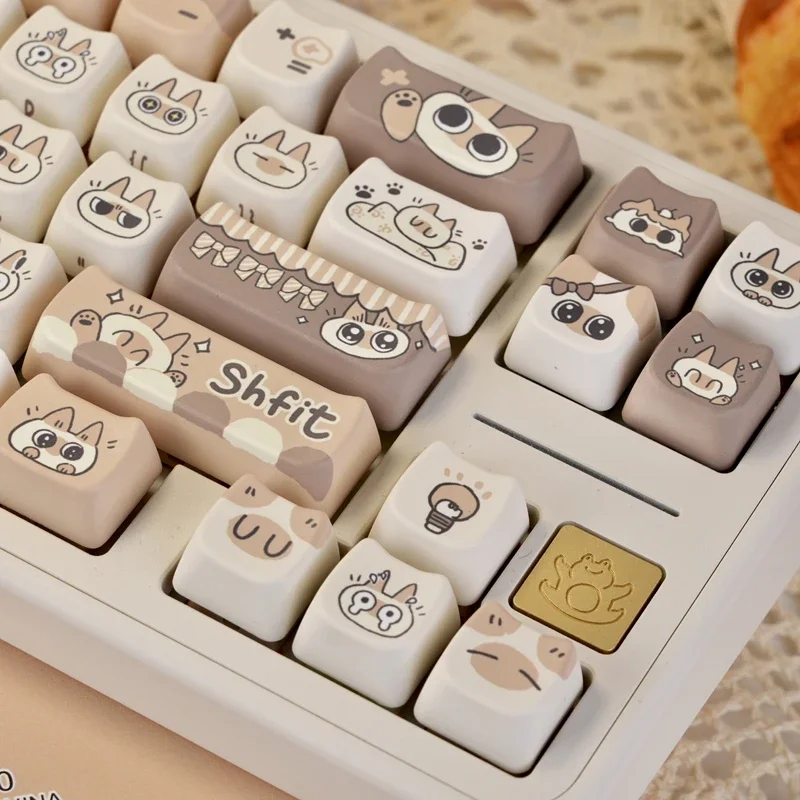 Coffee Siamese Cat Keycaps Cat Ears Shape MAO Profile 5-Side Dye-Sub PBT Custom Keycaps for 60% 75% 100% MX Mechanical Keyboard