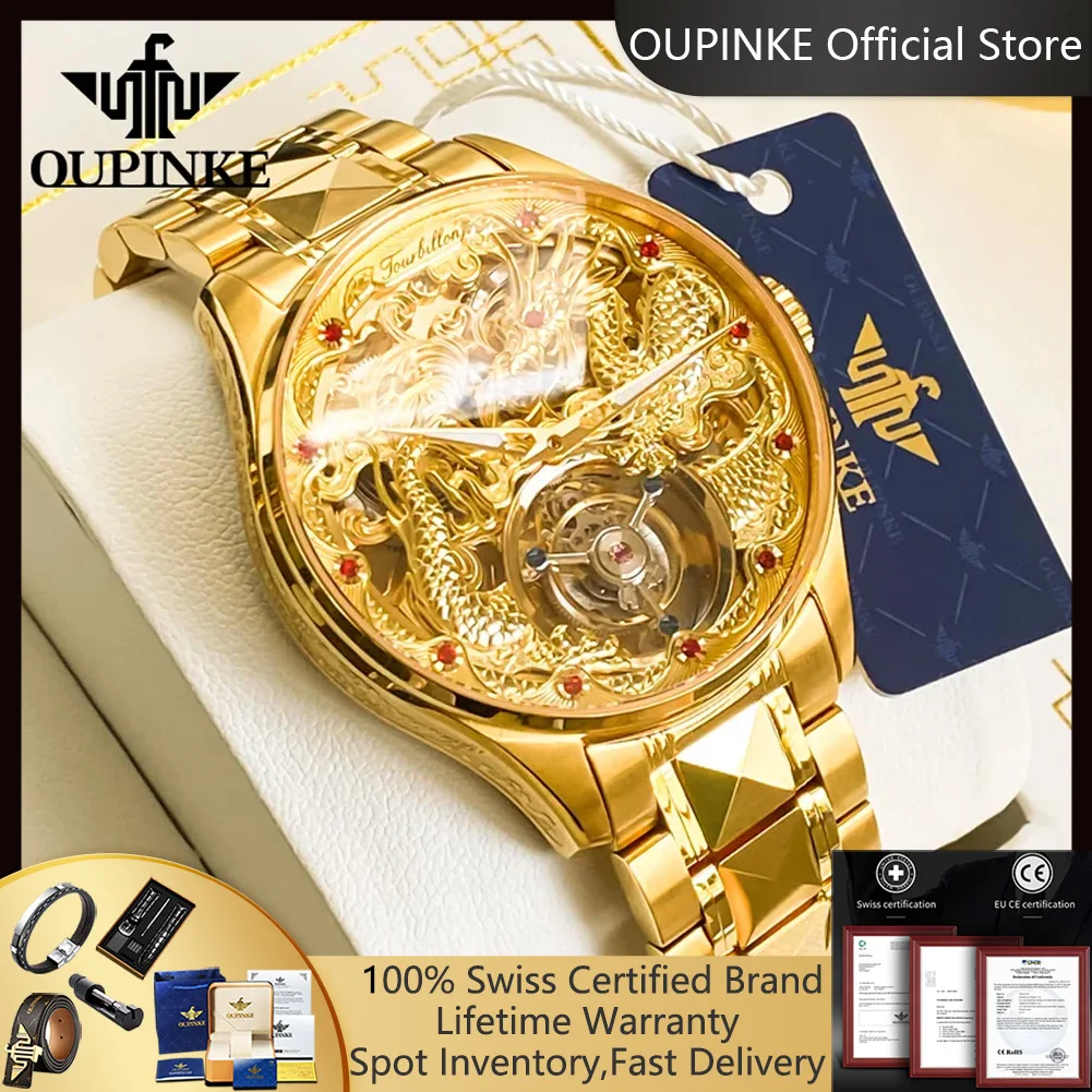 OUPINKE 3176 Tourbillon Watch for Men Luxury Original Skeleton Flywheel Gold Dragon Watch Automatic Mechanical Men's Wristwatch