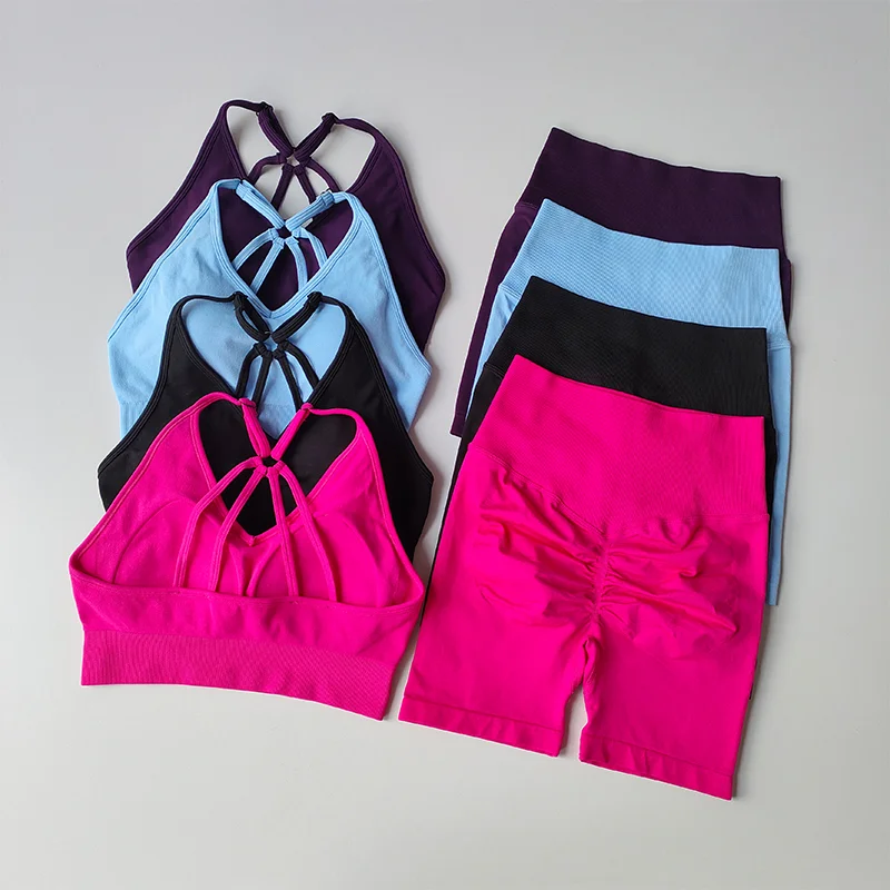 2-teiliges Yoga-Set für Damen, hochtailliertes Workout-Outfit, Sportbekleidung, Fitnessanzug, Sportanzug, Shorts-Set – Detail 2