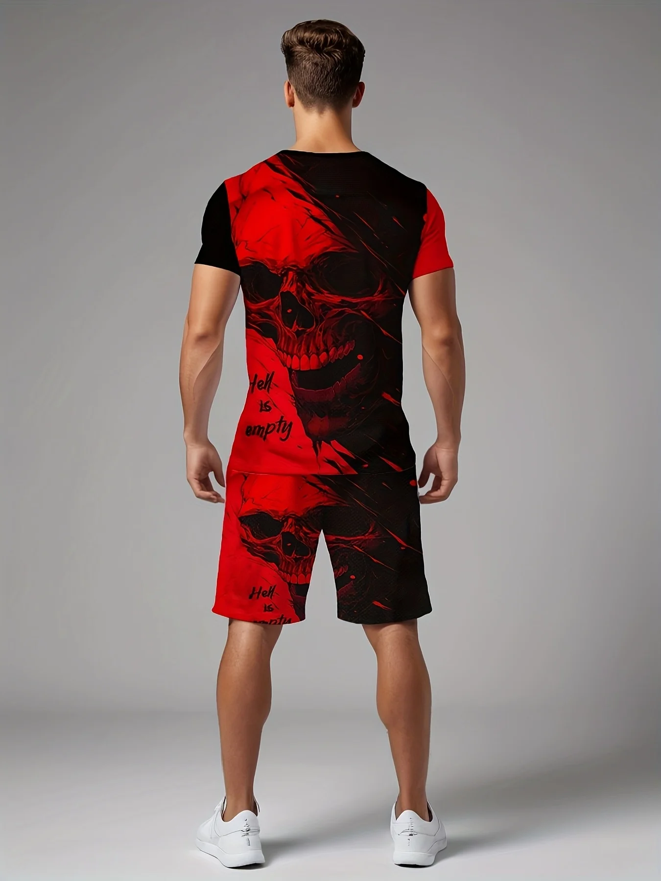 Retro Casual Sports Set with 3D Printed Pattern, Men's Summer Short Sleeved Round Neck T-shirt Color Blocking Set