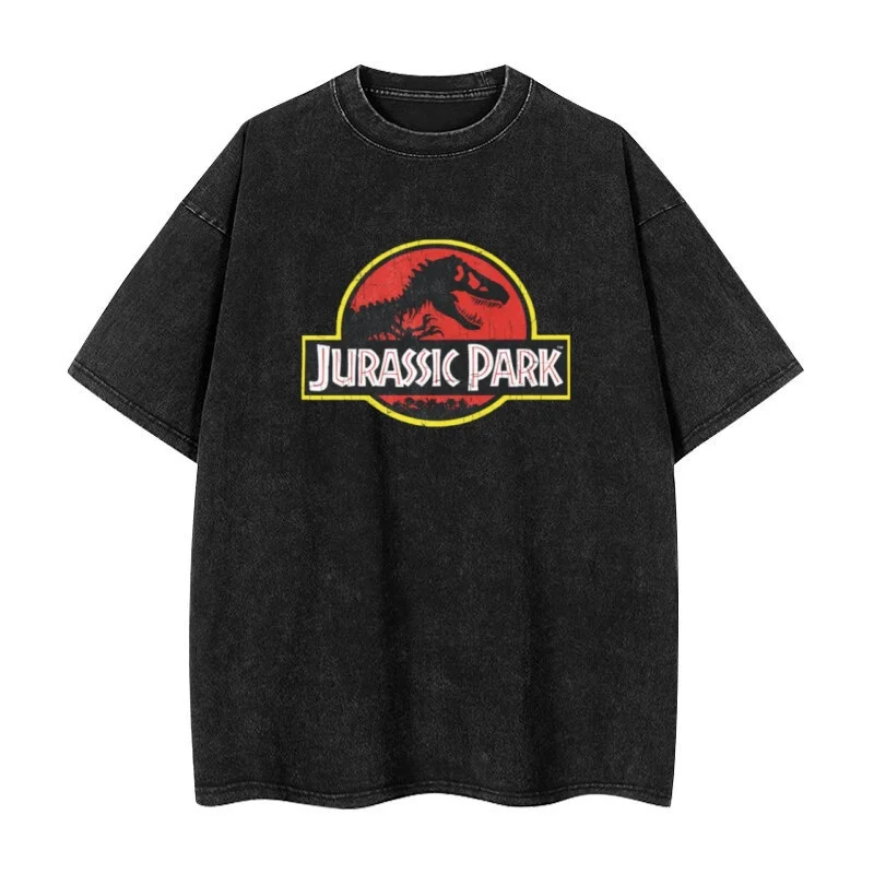 Jurassic Park Washed Retro T-shirt Street Clothing Hip-hop Retro T-shirt Men's and Women's Summer Casual Shirt