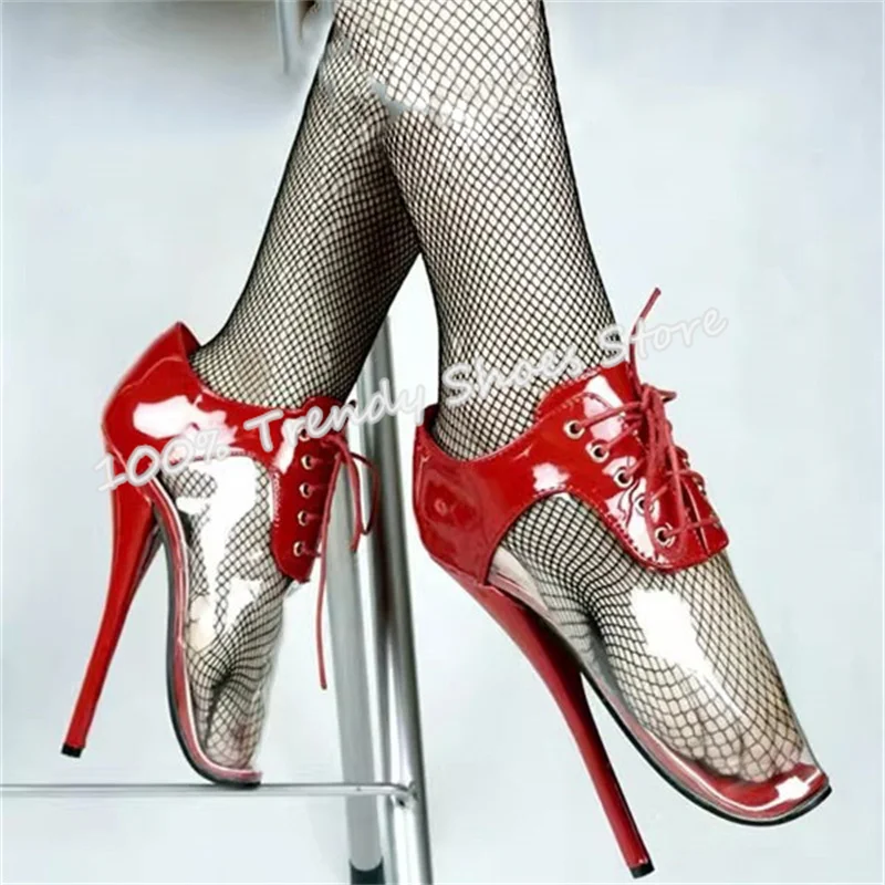 Sexy 18Cm Super High Heel Women Ballet Shoes Transparency Pvc Splicing Lace-Up Pumps Lady Pole Dance Performance Dress Shoes