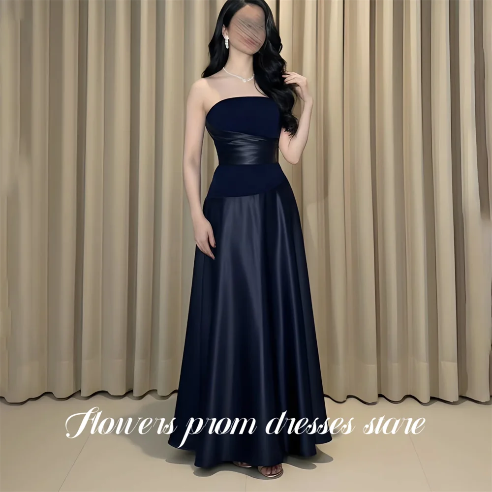 

Flowers Navy Blue Evening Gown Strapless Prom Dresses A Line Satin Wedding Evening Dresses Pleated robes de soirée Customized