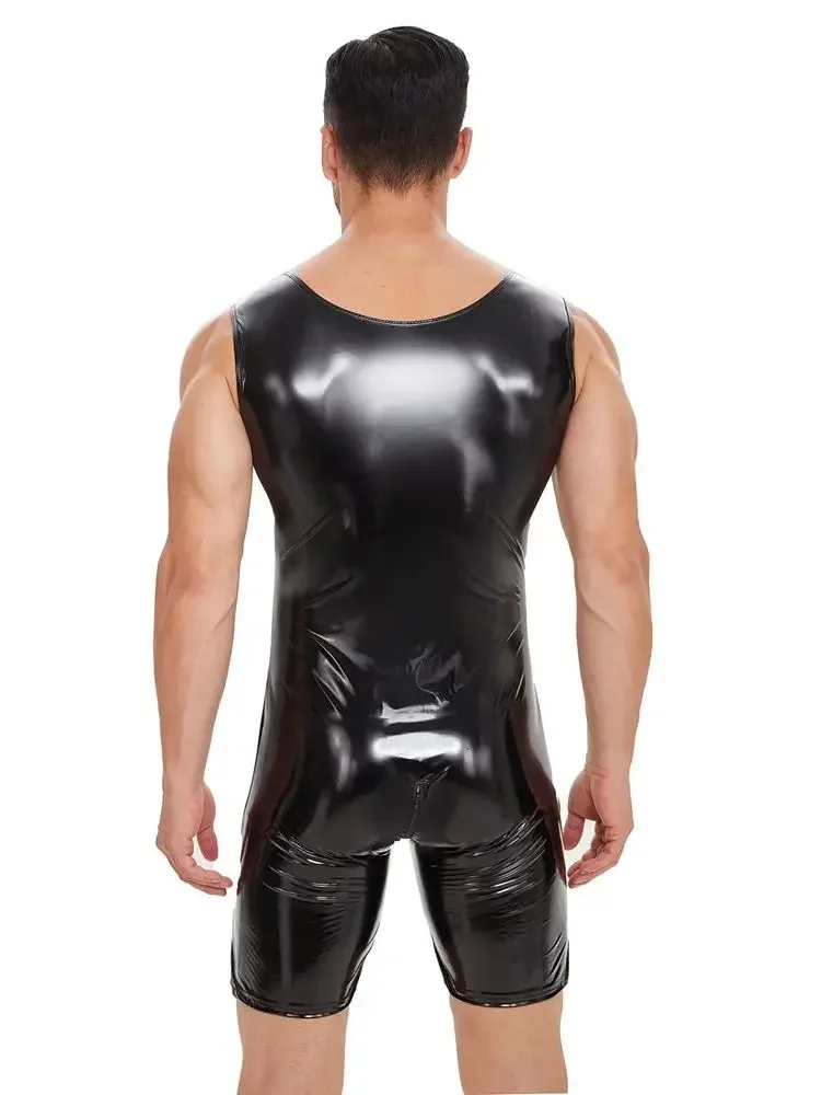 S-7XL بلا أكمام لامعة فو بولي Leather الجلود Playsuit سستة مفتوحة المنشعب ارتداءها نظرة الرطب PVC Catsuit الجوارب الساخن للتنحيف كمال الاجسام