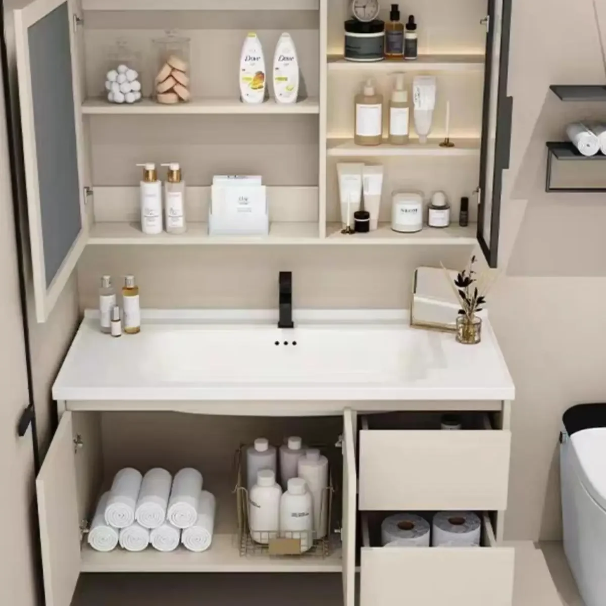 حوض غسيل حمام بسيط بالرياح الكريمية، حوض متكامل من السيراميك