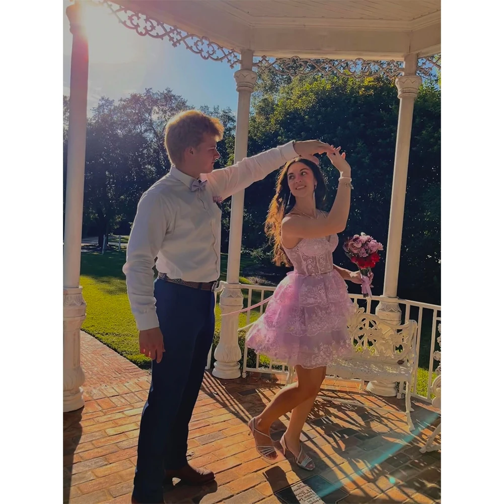 Spaghetti Straps Homecoming Dresses for Teens Sparkly Tulle Lace Applique  Cocktail Dress Tiered A-line Short Mini Prom Dress