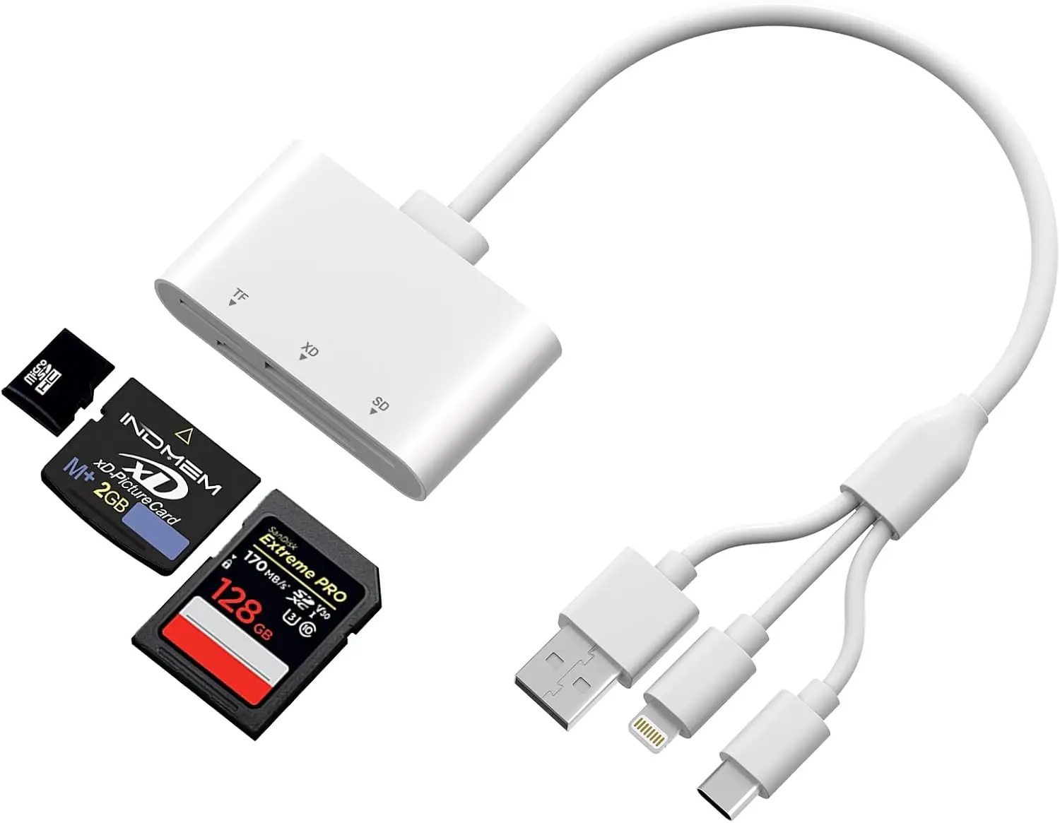 

Устройство для чтения карт SD/TF/XD 3-в-1 с разъемами Lightning/USB-C/USB-A для iPhone, iPad, ПК, Android — Plug and Play, 480 Мбит/с