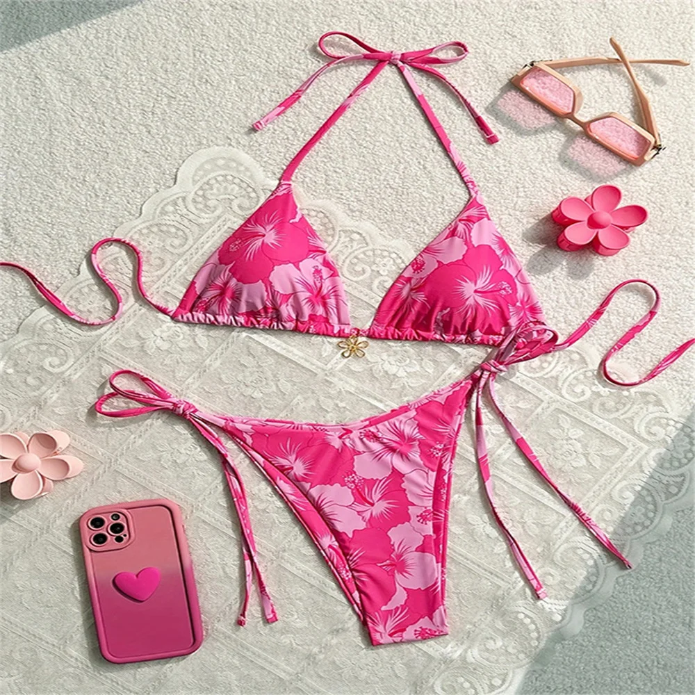 Conjuntos de Bikinis con colgante de flores, traje de baño rosa con estampado Floral, Push Up, Bikini con cordón triangular y espalda descubierta, traje de baño para playa para mujer