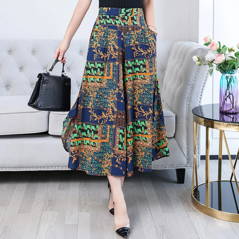 Hot New 2023 Summer Pants Women Casual Loose Elastic Waist Vintage Pant Trousers Women Wide Leg Pants Print Calf-length Pants