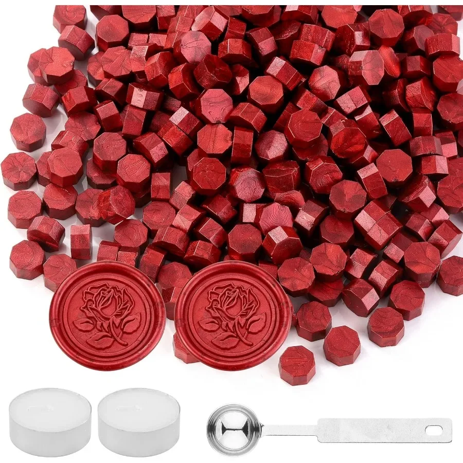 

300 шт., красные сургучные бусины, винтажные восьмиугольные сургучные бусины с 4 свечами и 2 ложками для плавления сургучной печати для сургучной печати Sta
