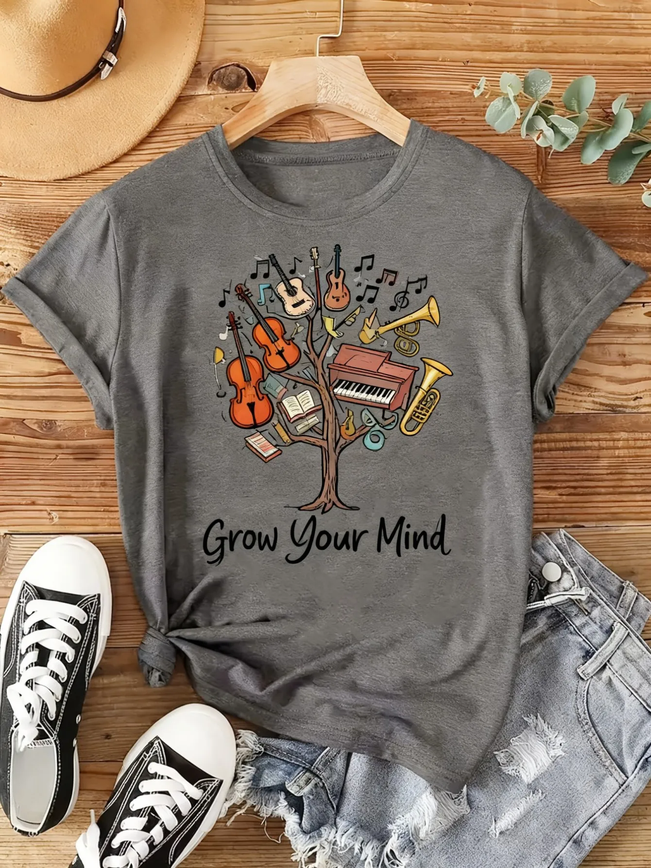 

Plus size women's short sleeve T-shirt Music Tree With Instruments breathable fabric summer outfit women's clothing
