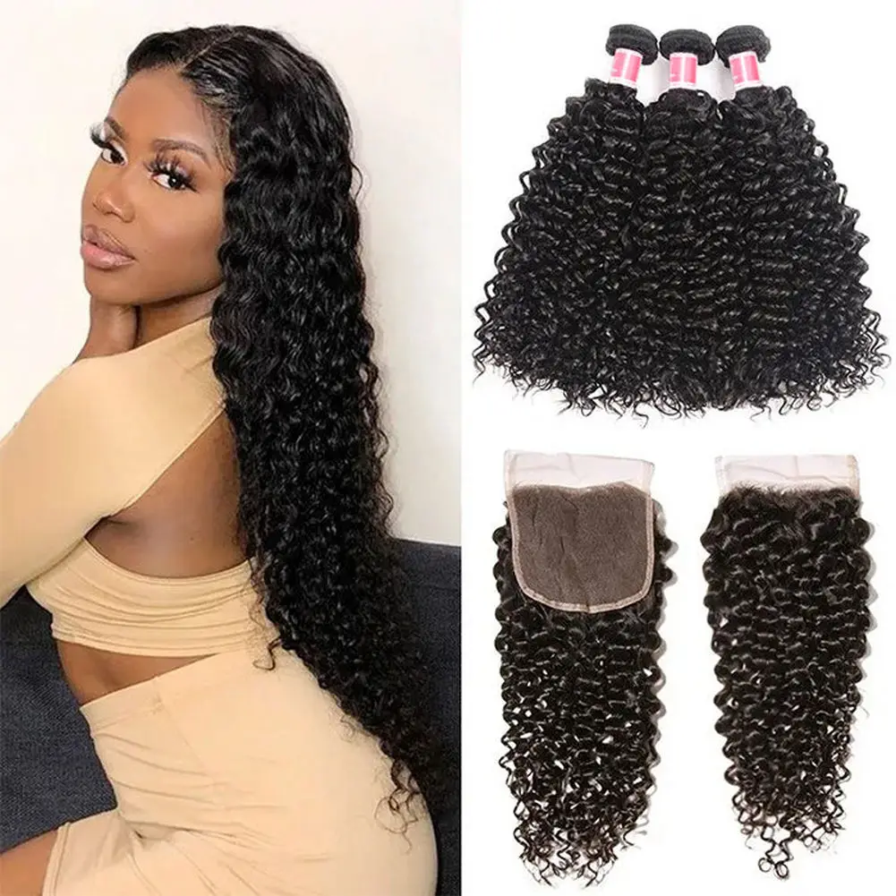 Affordable Curly Wave 3 Bundles with Closure Kinky Curly Hair Bundles with 4x4 Lace Closure Human Hair Bundles Nature Black