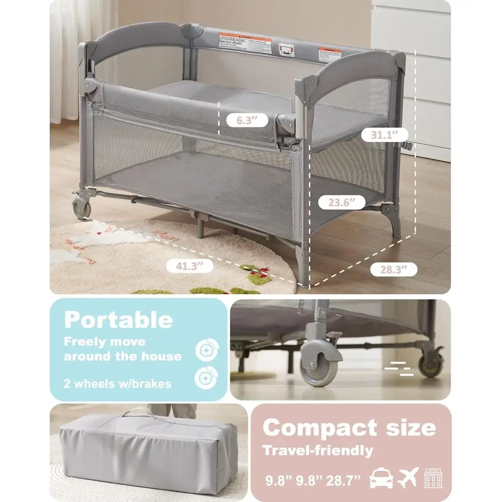 Multi-Functional Baby Bassinet: Crib, Playard, Changing Table, Bedside Sleeper with Wheels & Brakes