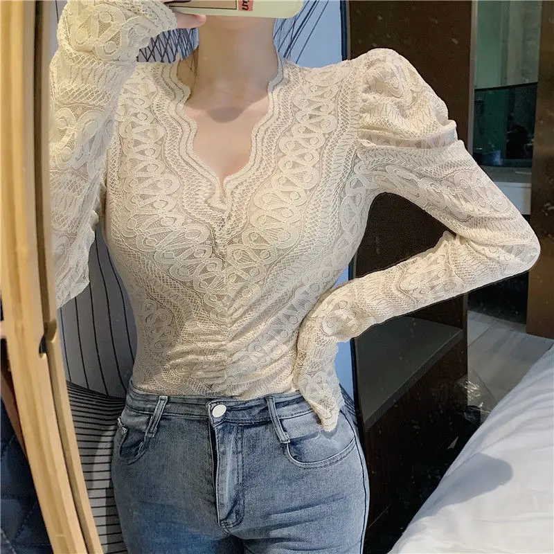 Spring Autumn New Fashion V-neck Long Sleeve T-Shirts Women\'s Clothing Lace Hollow Out Bottoming Shirt Slim All-match Young Tops