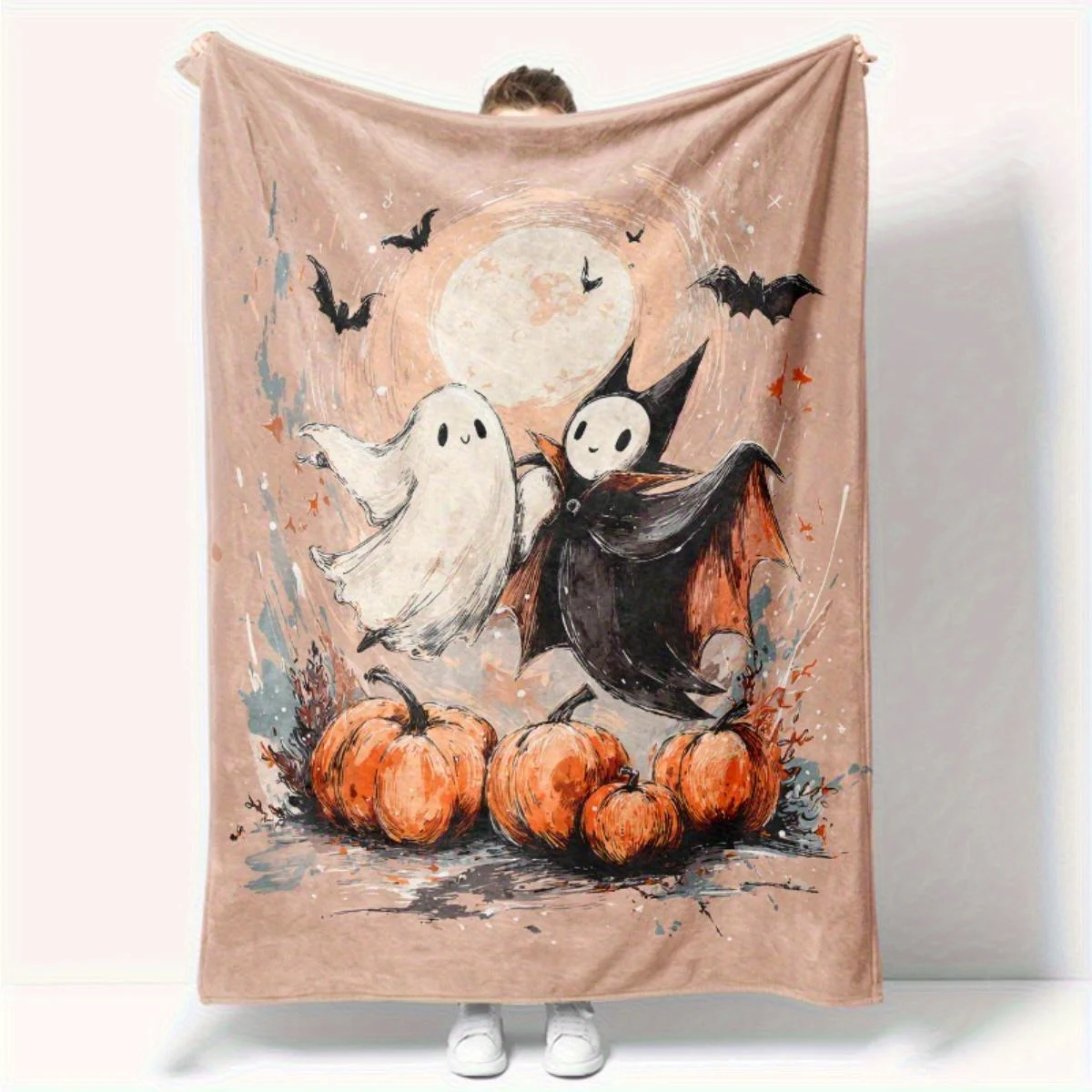 Halloween Themed Throw Blanket - Soft Peach & Black Ghosts & Pumpkins Design, Lightweight & Durable Acrylic Fiber