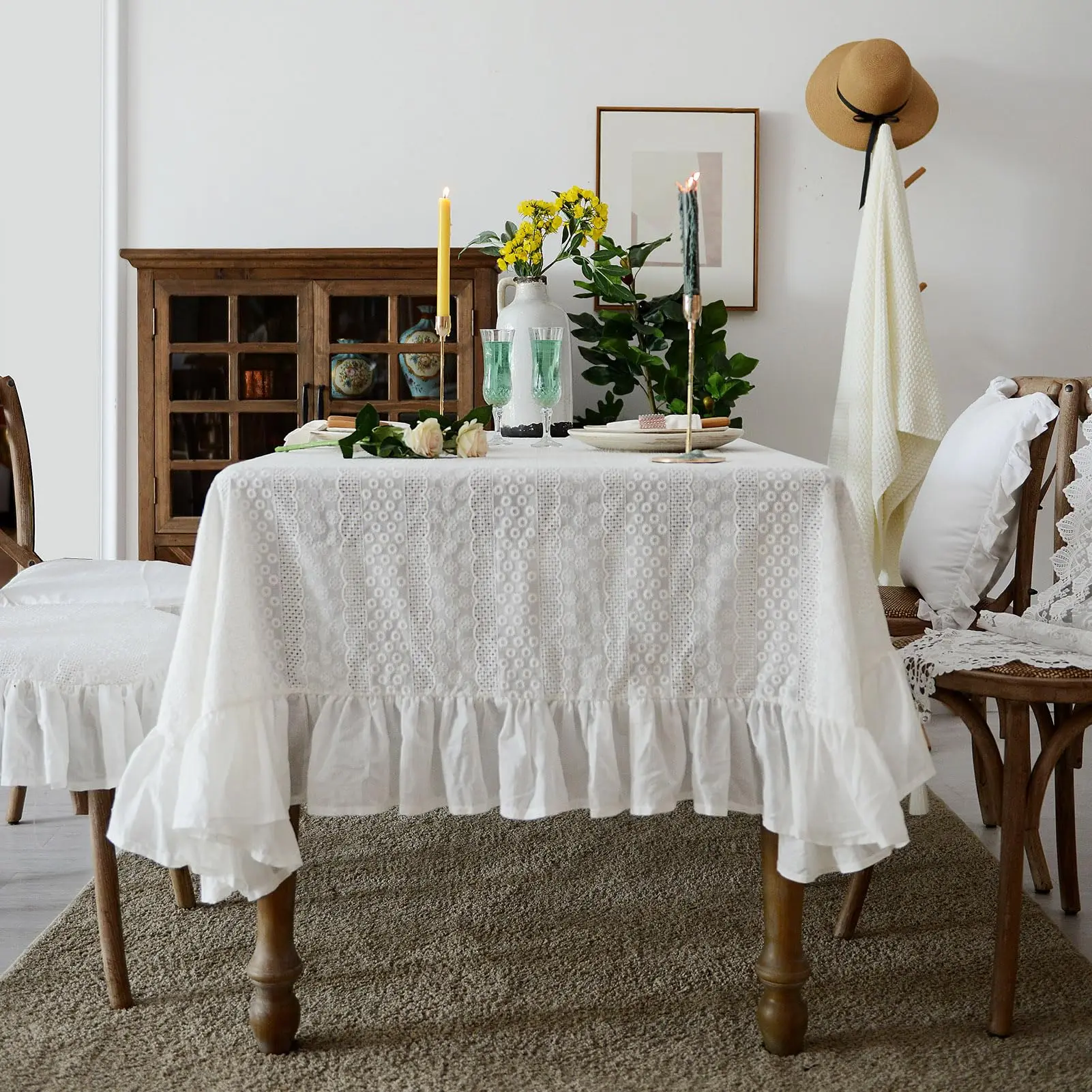 

French White Cotton Tablecloth Ruffled Lace Embroidered Fabric Tablecloths Rustic Table Cover for Home Holiday Party Christmas