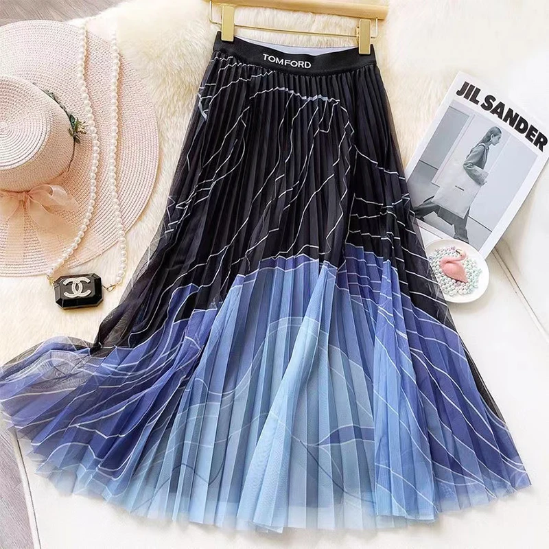 

High Waist Pleated Yarn Skirt, Gradual Color Screen Half Skirt, Spring and Autumn, New Style Temperament