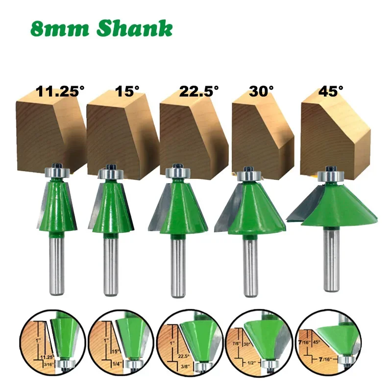 1PC 8MM Shank Milling Cutter Wood Carving Wood 11.25 15 22.5 30 45 Degree Chamfer End Mills Router Bit Woodorking Machine Tools